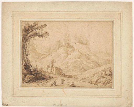 Mountain landscape with figures on a road near an inn