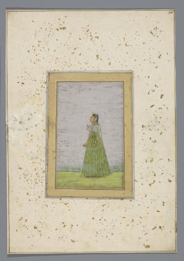 Standing woman in profile in a green gown