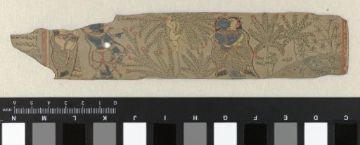 Two panels with Krishna and Radha in conversation, the right panel set four times side by side as a frieze