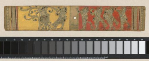 Figure playing the flute and two dancing women