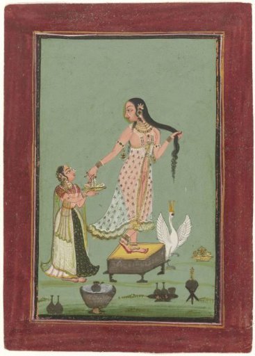 Lady after bathing, with a maid