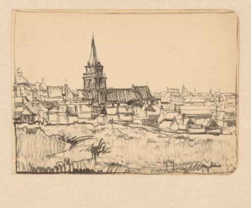 View of the church amidst low houses in Scheveningen