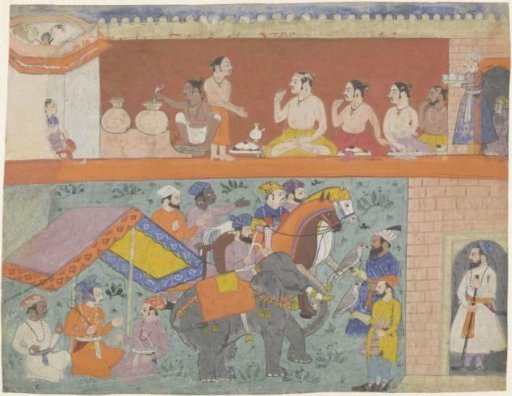 Scene with Seated Men and Scene with Horsemen, an Elephant, and Falcons