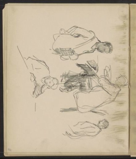 Men, including two seated at and leaning on a table