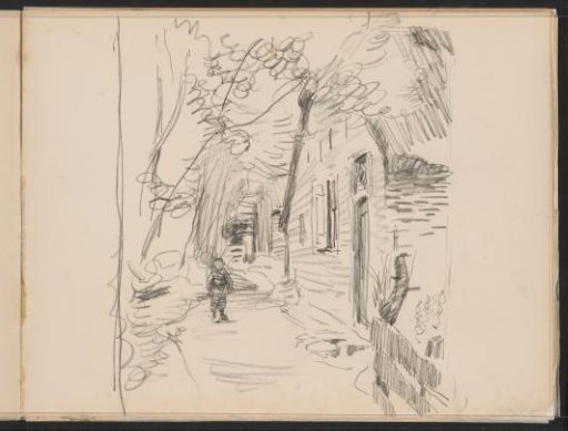 Boy on a road alongside a row of workers' houses