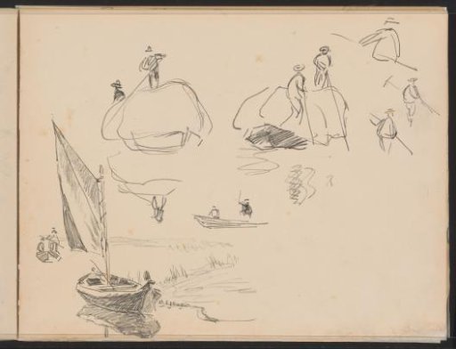 Study sheet, including a moored sailing ship, rowing boats and figures