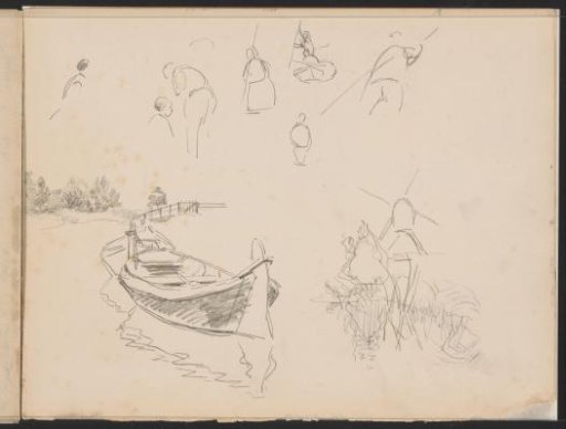 Figure studies and landscapes with a mill and moored rowing boats