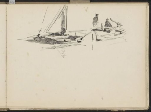Two figures by a sailing ship