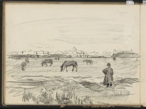 Pastoral landscape with grazing horses and a man
