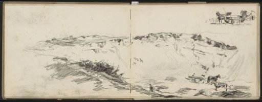 Figures with horse-drawn carts in a dune landscape