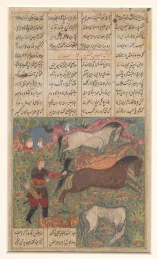 Warrior with three horses in a meadow