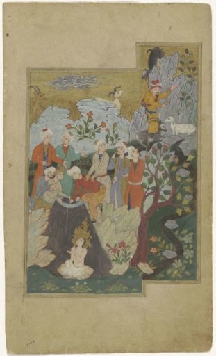 Group of men in a rocky landscape with a saintly figure
