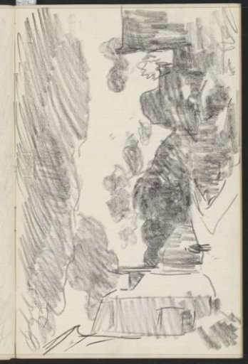 Figure on a path along houses and trees