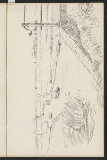 Pastoral landscape with sailing ships on a river, viewed from a bridge