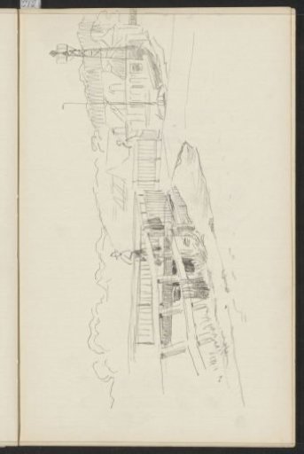 Street view with a figure on a bridge over a canal