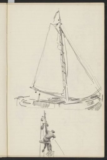 Sailing ship and a figure seated in the top of a ship's mast