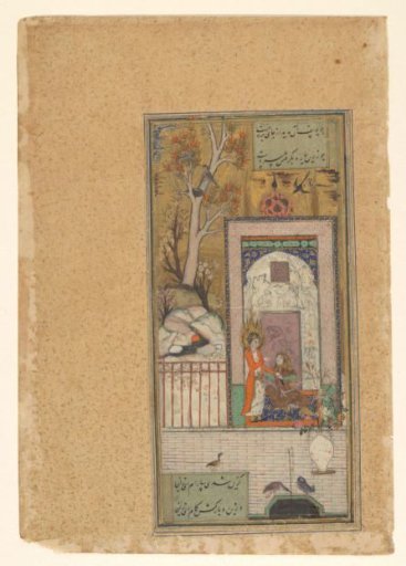 Heavenly messenger with an announcement for a seated man in a palace