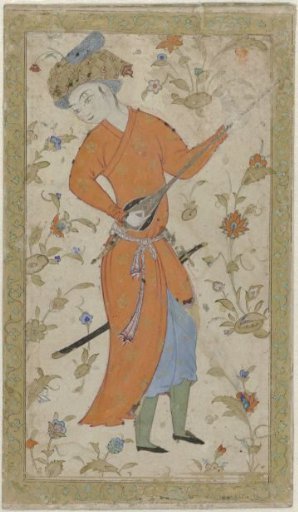 Man in a red robe playing a musical instrument