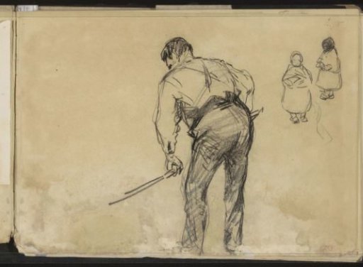 Peasant with a tool and two children