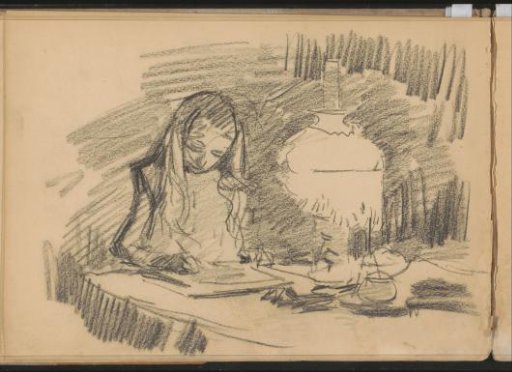Girl writing at a table by lamplight