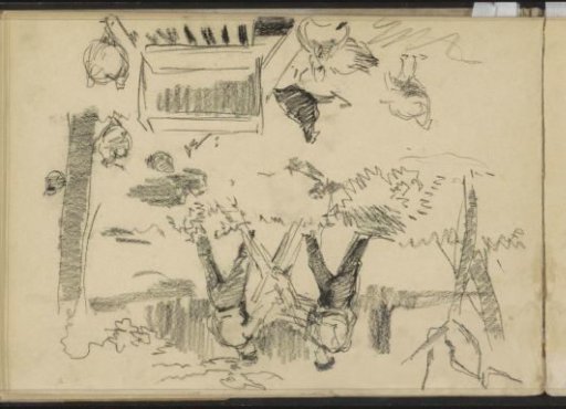 Two men sawing wood in a meadow, chickens and a small piano