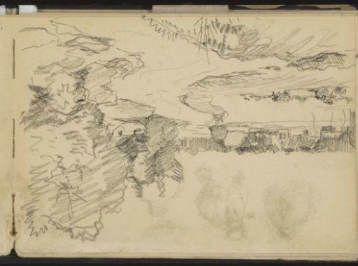 Pastoral landscape with houses, trees and a woman digging potatoes