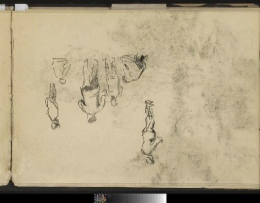 Standing and kneeling men, seen from behind