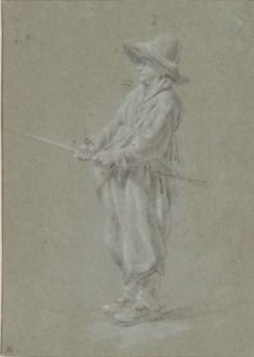 Standing boy with a fishing rod (?) in his hands