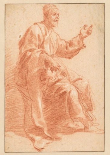 Seated old man with raised left hand