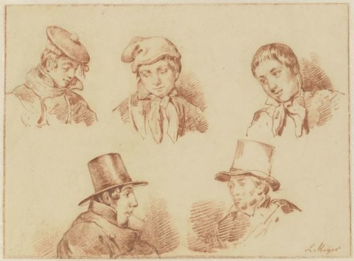 Study sheet with five boys' and men's heads
