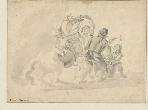 Blacksmith attempting to shoe a horse