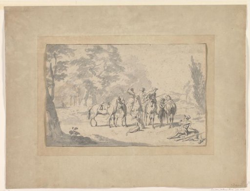 Hunters resting in a wooded landscape