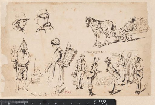 Caricature figure scenes and a horse and carriage