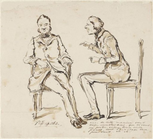 Caricature scene of a young man trying to coax money from an older man