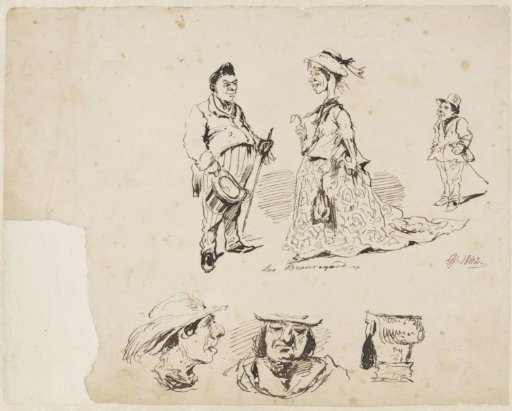 Caricature heads and a married couple with a little son(?)