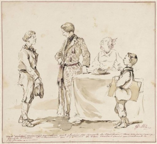 Caricature scene with a farm boy with a fashionable family
