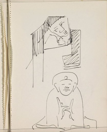 Two abstracted faces and a man in a tailor's seat