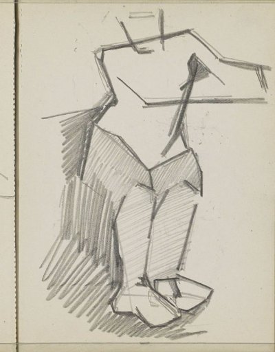 Standing figure with bent knees and raised arms