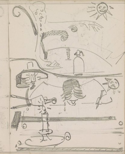 Composition with a sun, candle, and fantasy figures