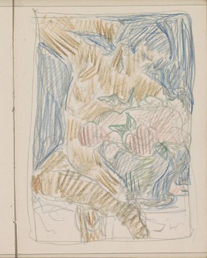 Seated nude figure beside a vase with flowers