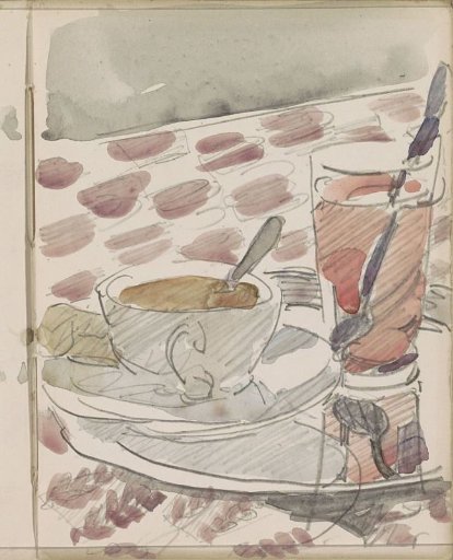 Serving tray with a cup, saucer, and glass on a table