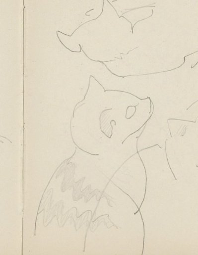 Two seated cats and one lying cat