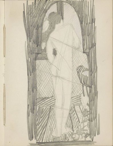 Rear view of a standing nude woman