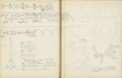 Decorative patterns with birds, flowers, circles and triangles