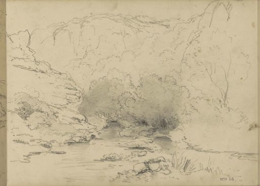 Landscape with trees, rocks, and a stream