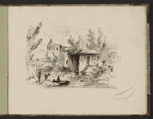 Figures in a Rowboat on a River Near a Church Tower