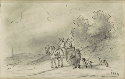 Horse and carriage with hunters and dogs on a country road