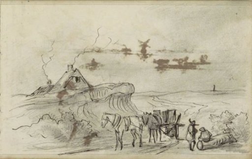 Two horses with a cart at a farm