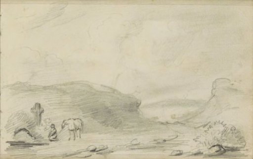 Hilly landscape with a kneeling figure before a cross