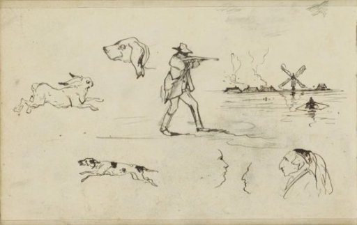 Study sheet, including a hunter and a landscape with a mill